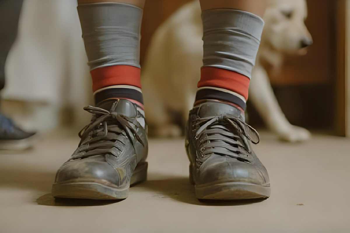 scarpe sporche all'ingresso e alle spalle un cane