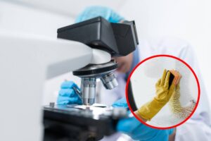 Uno scienziato al microscopio e, in evidenza, una mano che pulisce uno specchio